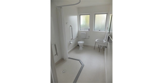 bathroom with wet floor shower and handrails